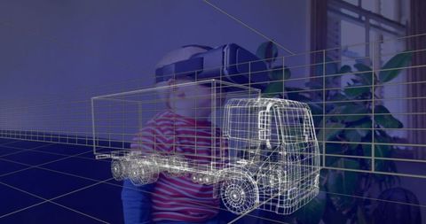 Child using vr headset experiencing 3d truck visualization