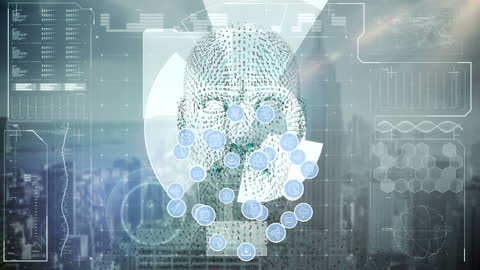 Futuristic Digital Head Over Cityscape with Data Graphics