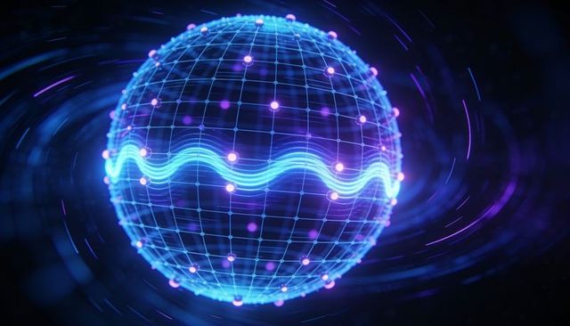 Glowing holographic wireframe sphere with cyan wave ribbon and purple data nodes, digital