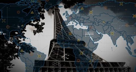 Eiffel Tower with Futuristic Global Connectivity Theme
