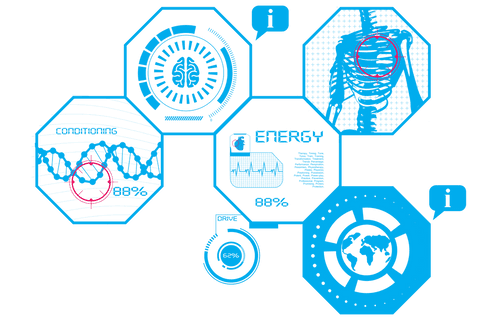 This digital illustration showcases a network of interconnected octagons with medical symbols and an earth motif, all on a transparent background. The use of vibrant blue emphasizes themes of innovation and global connectivity in the healthcare sector. Ideal for use in presentations, educational materials, or marketing content relating to medical technology and futuristic healthcare solutions.