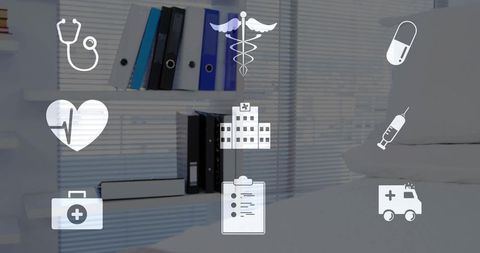 Floating medical icons overlaying clinical shelving and folded linens for healthcare design