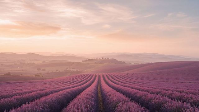 Dawn Over Serene Lavender Fields in Rolling Countryside Hills