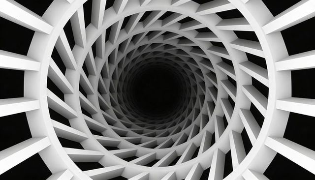 Spiraling White Lattice Tunnel Creating Dark Void Geometric Architectural Monochrome 3D