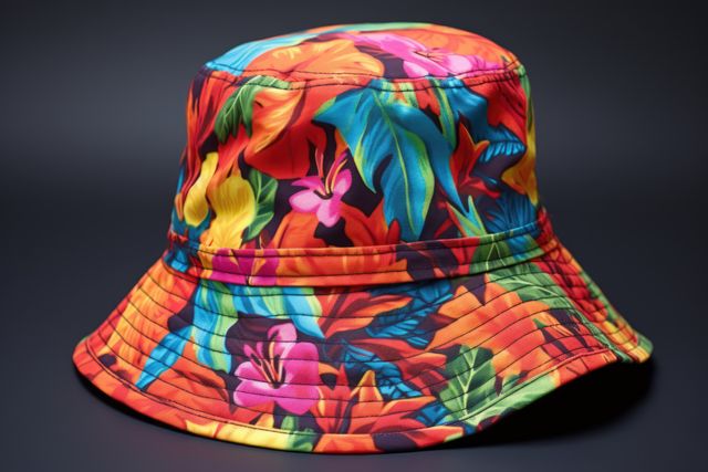 Vibrant floral bucket hat perfect for summer fashion and tropical themed occasions. Eye-catching design features bright, bold colors making it suitable for beachwear, outdoor adventures, festivals, and casual outings. Use it in fashion catalogs, travel blogs, e-commerce and advertisements promoting playful, stylish looks.
