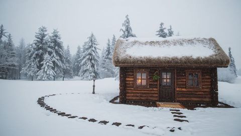 Thatched Log Cabin Glowing Warm Light in Snowy Forest with Curved Stone Path