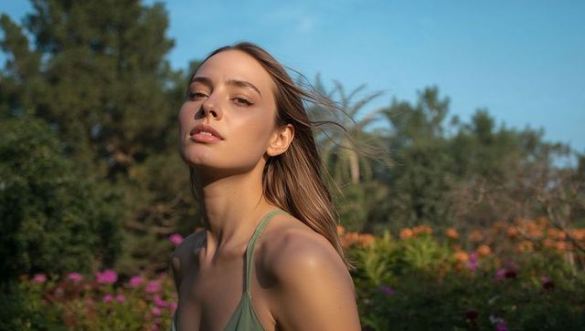 Sunlit garden portrait of woman basking in breeze wearing green strappy top at golden hour