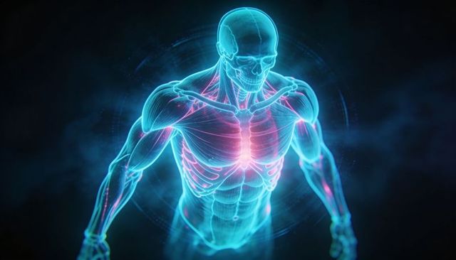 Displaying holographic human torso anatomy with neon chest glow and futuristic HUD rings
