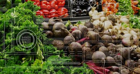 Beetroot and Fresh Produce Market with Futuristic HUD Data Overlay for Produce Analytics
