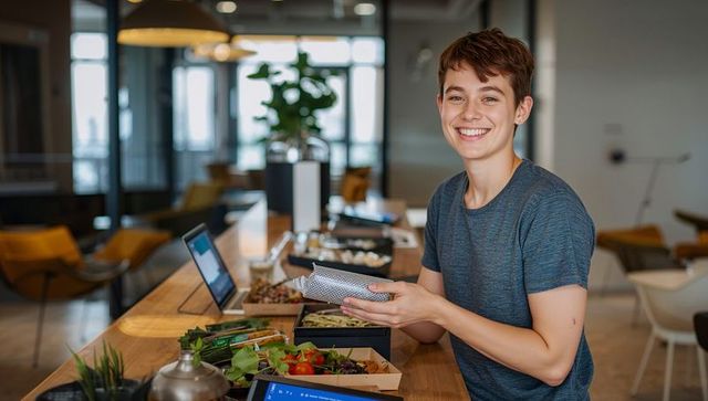 Smiling young man holding burrito at coworking lunch counter with laptop and salads