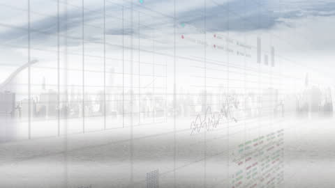 Digital Financial Data Overlaid on Cityscape Skylines