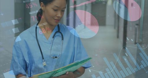 Healthcare Analysis Data with Nurse in Hospital Corridor