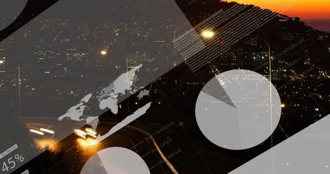 Showing Night City Skyline with Infographic Overlay, Map and Curving Highway Light Trails