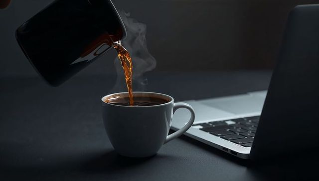 Pouring Coffee into White Ceramic Cup Beside Laptop on Dark Minimalist Desk