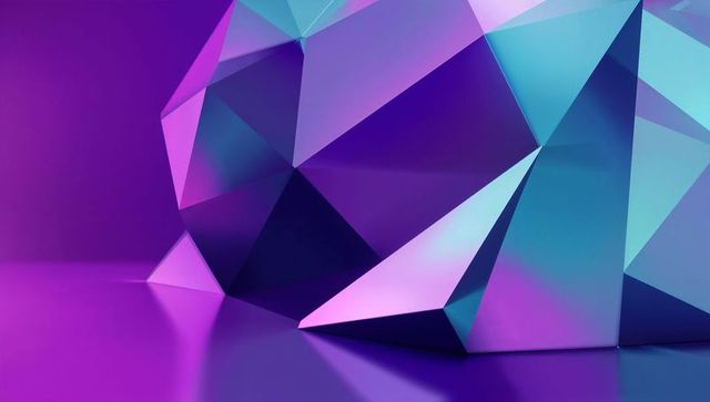 Glowing Faceted Polyhedron Cluster on Reflective Surface in Gradient Colors