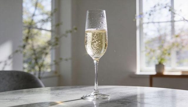 Sunlit champagne flute with shimmering bubbles on marble table in minimal daylight interior