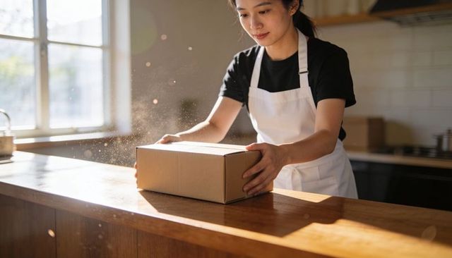 Artisan baker placing cardboard pastry box on sunlit wooden countertop in kitchen