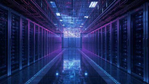 Futuristic data center corridor with neon led lighting