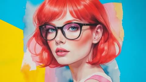 Stylized Portrait of Woman with Red Hair and Glasses Against Colorful Backdrop