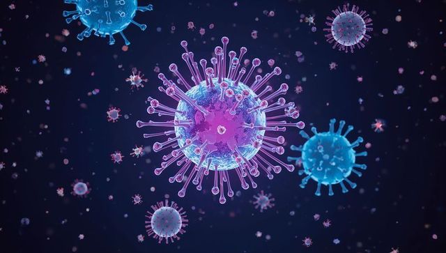 Glowing coronavirus-like virion rotating with spike proteins in microscopic particle field