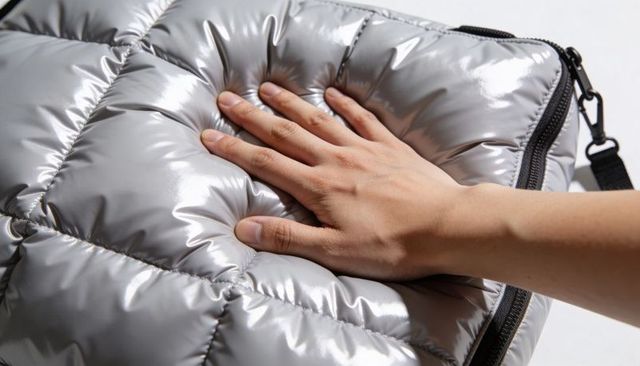 Hand pressing glossy silver quilted puffer bag showing reflective texture