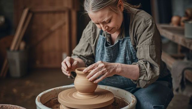 Senior potter shaping clay vase on pottery wheel in rustic workshop with focused hands