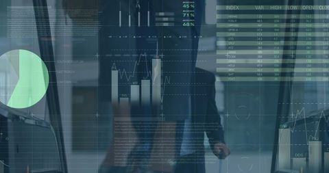 Financial Data Overlaid on Business Executives on Escalator - Download Free Stock Images Pikwizard.com