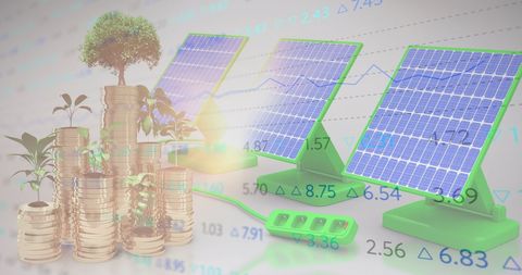 Solar Panels and Financial Growth Metaphor with Stock Data Overlay