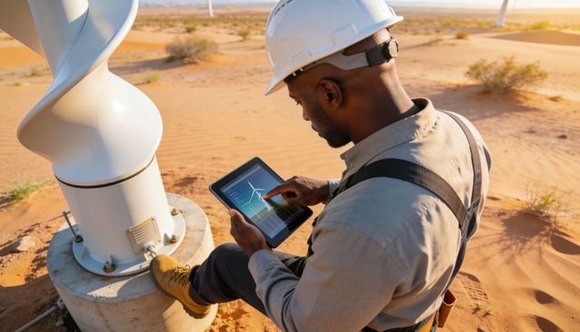 Field technician monitoring vertical-axis wind turbine performance on tablet in desert