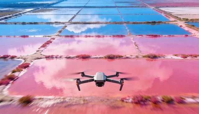 Drone hovering over vibrant pink and blue salt evaporation ponds grid aerial view