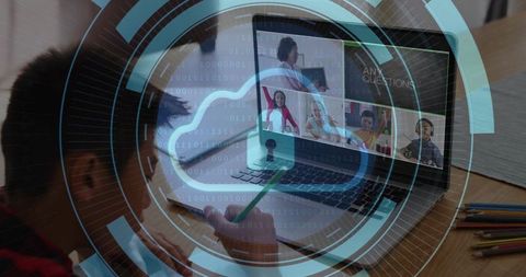 Student Writing During Online Class with Cloud Lock Interface and Virtual Classroom
