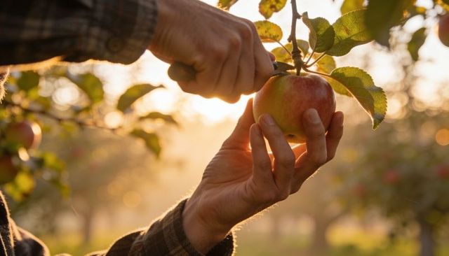 Hands harvesting ripe apple with pruner in sunlit orchard at golden hour