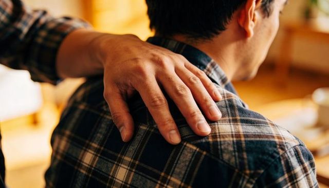 Placing hand on shoulder offering comfort and support to man in plaid shirt at home
