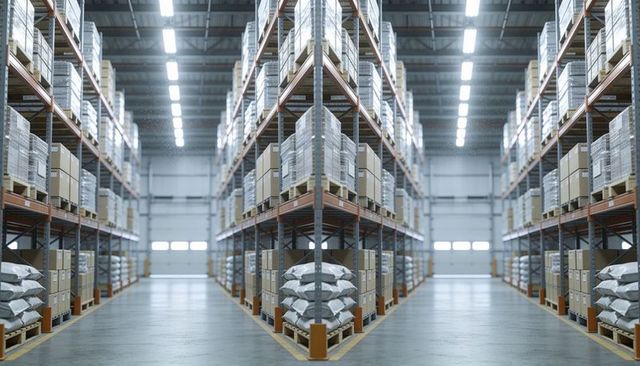 Symmetrical high-bay warehouse aisle with stacked pallets, boxes and led lighting