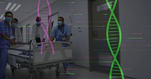 Medical Team Navigates Emergency with Futuristic DNA Graphic Overlay