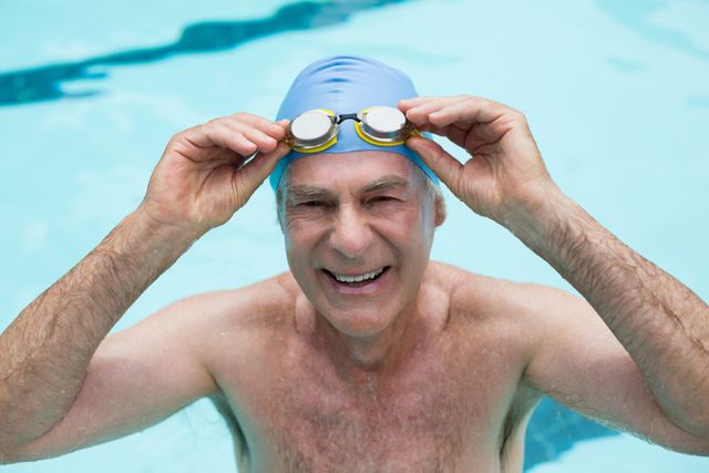 Portrait of senior man holding goggles in swimming pool