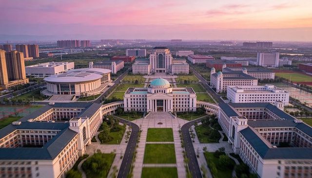 Sunset-glowing neoclassical university campus featuring central dome and symmetrical colonnades