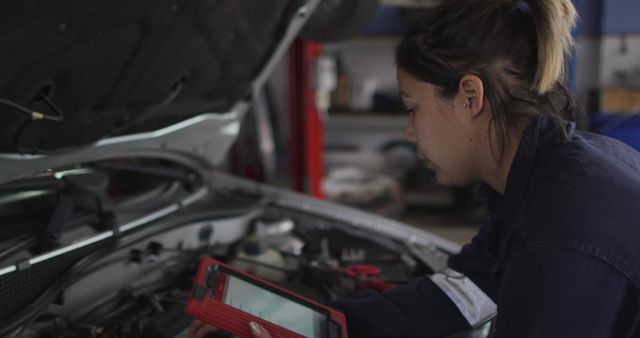 Female mechanic using a handheld diagnostic tablet to check for engine issues in an auto repair workshop. Suitable for themes on women in trades, auto repair technology, and modern vehicle maintenance practices.