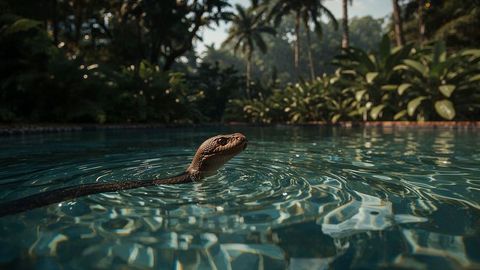 Monitor lizard swimming in tranquil tropical pool