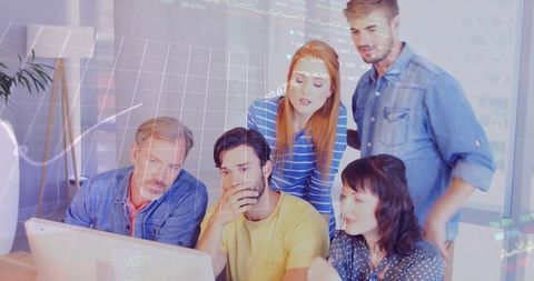 Multi-generational team analyzing data and brainstorming around computer with analytics overlay