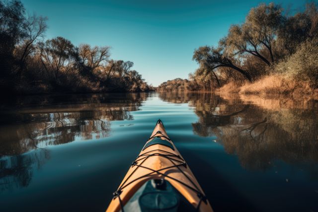 Kayaking through calm river with autumn trees reflecting on water. Useful for promoting outdoor adventure, nature activities, and serene landscapes. Ideal for travel websites, nature blogs, or advertising adventure sports.