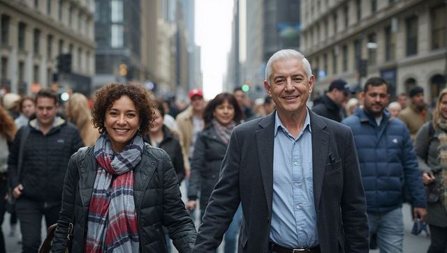 Mature couple walking hand in hand on busy downtown avenue, smiling in winter coats