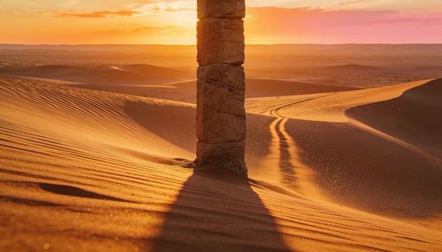 Weathered stone pillar casting long shadow across golden desert dunes at sunset with tire tracks