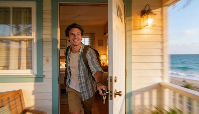 Smiling traveler entering coastal cottage with keys and backpack, ocean view porch at golden hour