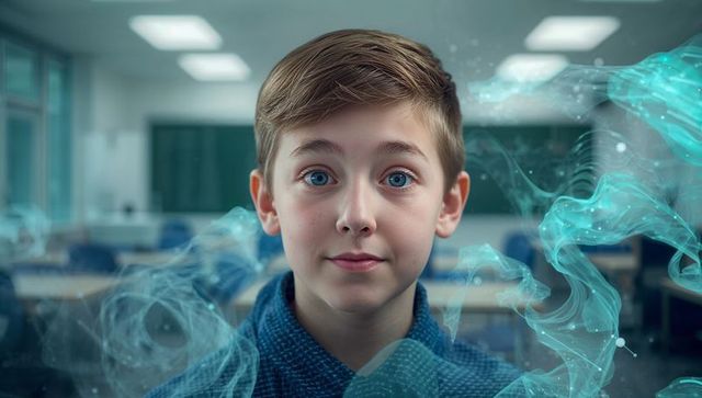 Boy in Classroom Surrounded by Futuristic Teal Swirls