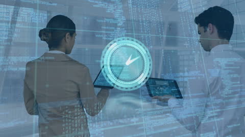 Futuristic Business Professionals Analyzing Data on Tablets