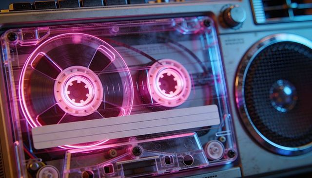 Transparent Cassette Spools Spinning with Neon Pink Glow in Retro Boombox Close-Up
