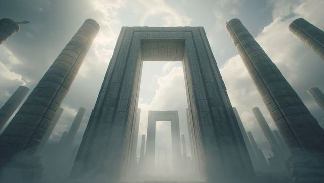 Monolithic stone gateways rising through mist with haloed sun over ancient columns