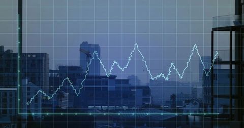 Cyan Line Graph Overlaying City Skyline Through Office Window Financial Data Visualization