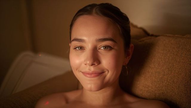 Serene young woman relaxing on warm brown couch with hoop earring and soft ambient light